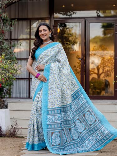 Image of SIRIL Women's Cotton Printed Saree with Unstitched Blouse Piece