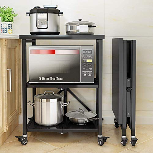 Folding Metal Food Cart 3 Shelves ， Kitchen Storage Cart Bar Cart Storage Trolley Storage Cart with Wheels,Large,Large