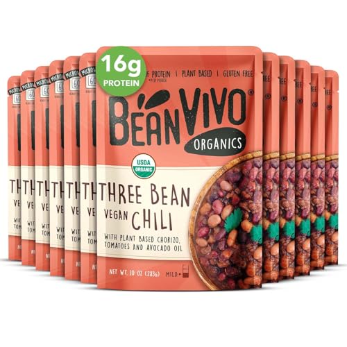 BeanVIVO (Pack of 12) Organics 16g Plant based Protein Three Bean Vegan Chili - Good Source of Fiber - Nutritious & Microwave Meals - Gluten-Free Plant Food - 10 oz