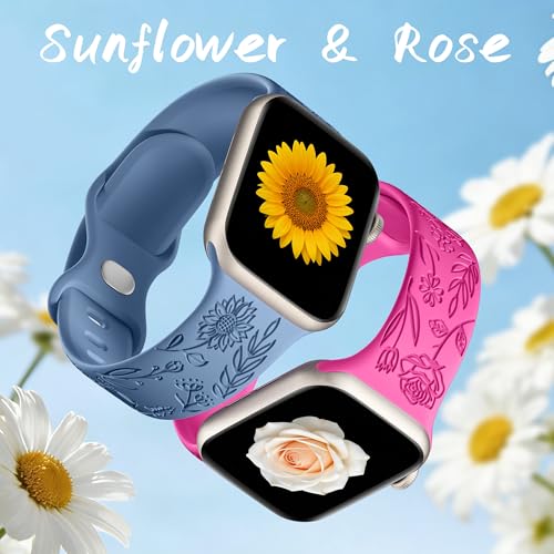 Image of SNBLK 6 Pack Floral Engraved Bands Compatible with Apple Watch Bands 40mm 41mm 42mm 38mm 44mm 45mm 46mm 49mm Women Men, Silicone Flower Pattern Strap for iWatch Series 11 10 Se Ultra 9 8 7 6 5 4 3 2 1