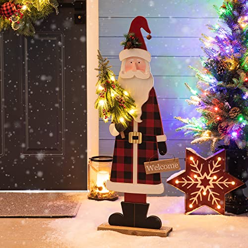 Image of Glitzhome 36 inch H Lighted Wooden Christmas Santa Porch Sign Standing Porch Decor Rustic Merry Christmas Welcome Sign Holiday Party Outdoor Indoor Xmas Decorations
