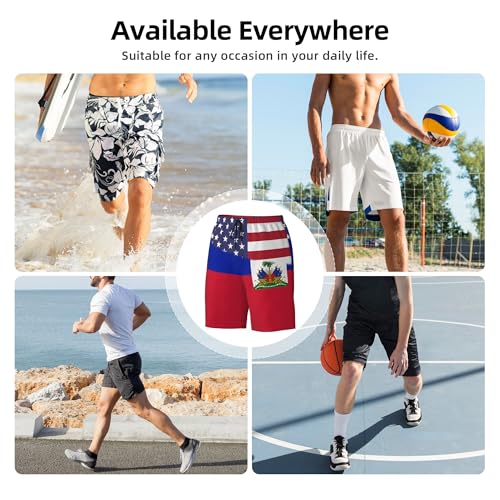 American Flag and Haiti Flag Mens Summer Seabeach Casual Shorts Seaside Surfing Swim Trunks Beach Pants3