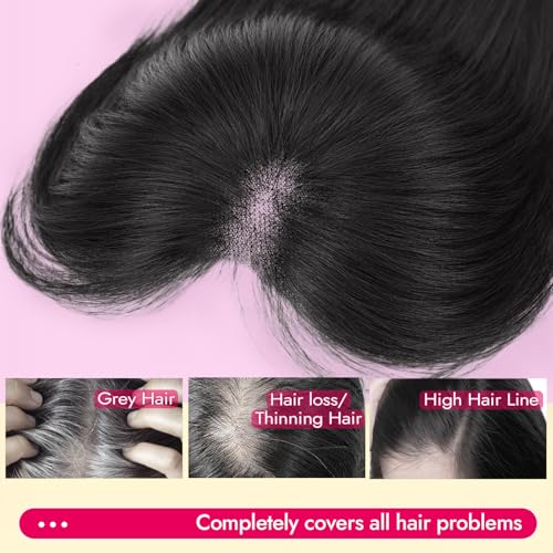Eawwii Black Synthetic Hair Toppers for Women with Thinning 5x6 inch Large Base Coverage Clip in Wispy Bangs Upgraded Adjustable Bandage 24 Inch Long Layered - Image 4