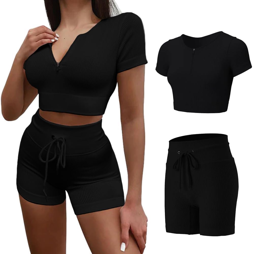 Womens Biker Shorts Set 2 Piece Seamless Ribbed Crop Top High Waisted Shorts Tummy Control Activewear