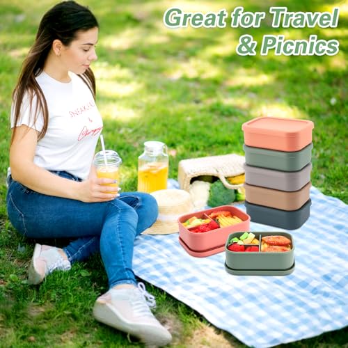 Image of Honeydak 6 Pcs Silicone Bento Boxes, 3 Compartment Lunch Containers | Reusable Silicone Bento Boxes for School, Work and Meal Prep; Microwave, Dishwasher and Freezer Use with Stackable Design