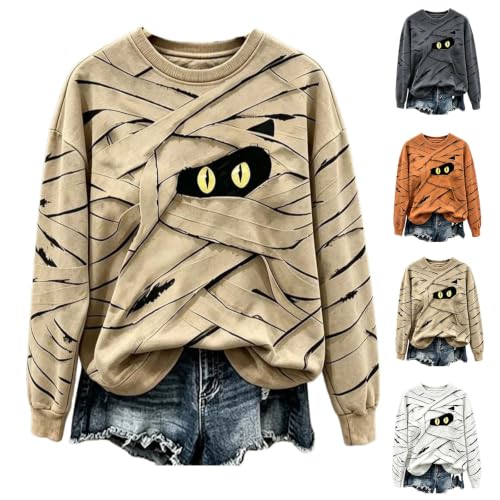 Women Halloween Mummy Cat Sweatshirt Funny Graphic Pullover Tops White - image 1