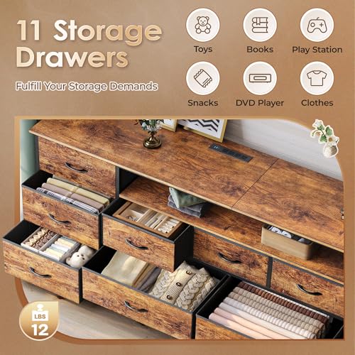 Huuger 70 Inch TV Stand for 75, 80 Inch TV, 11 Drawer Long Dresser with Power Outlets and LED Lights, Entertainment Center with Storage, Rustic Brown Dresser with PU Leather Surface