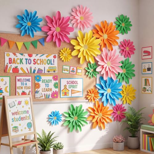 Image of MotiMind 18 Pcs Paper Flowers Bulletin Board Decorations DIY 3D Paper Floral for Wall Classroom Back to School Birthday Party Flower Backdrop Decoration Photo Backdrop(Rainbow Color,6 inch 8 inch 10 inch)