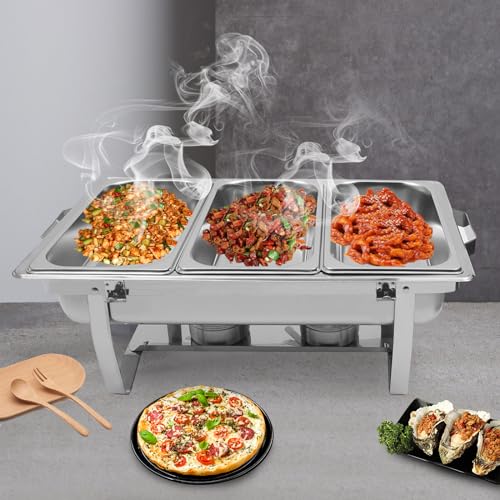 panfudongk Edelstahl Buffetwärmer Speisenwärmer Chafing Dish Buffet Set - Food Warmer Warmhaltebehälter 8L Speisewärmer - Catering Wärmebehälter mit 3 Speisenpfannen – Bild 8