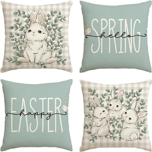 Tiuyzsle 4pcs/Set Easter Pillow Covers 18x18 - Happy Easter Plaid Rabbit Design with Eucalyptus Leaves and Hello Spring - Ideal Cushion Case Decoration for Sofa Couch, HA3570