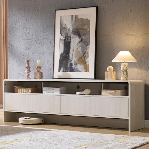 Image of AMERLIFE 70 inch Modern TV Stand for TVs Up to 80 inch, Wood TV Console with Curved Profile Design & 2 Storage Cabinets, Media Console Entertainment Center for Living Room, White