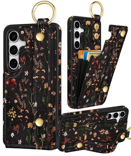 Petitian for Samsung Galaxy S25/S24 Case with Wallet - Women Girls Cute Girly Aesthetic Unique Design with Leather Credit Card Holder Cardholder Stand Wristband Grow Flower
