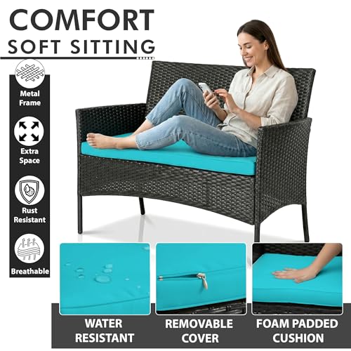 Image of OUTLIVING Outdoor 4 Seater Sofa Set || Patio Furniture Sets || Balcony Sofa || Indoor Sofa || Wicker Rattan Garden Sofa Set with Cushion and Center Table (Black /Blue)