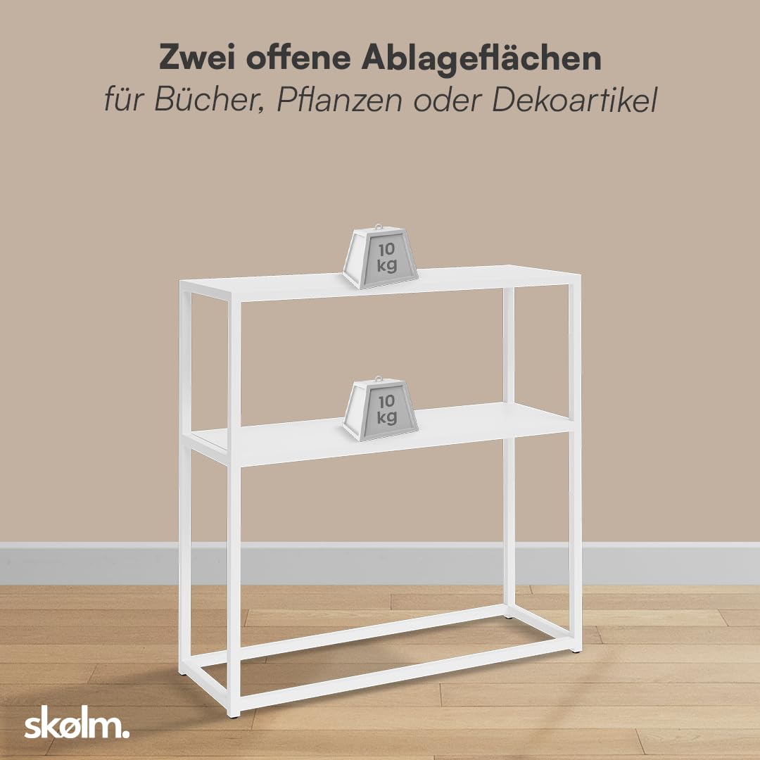 skølm Skadi Konsolentisch schmal aus Metall – Schmales Regal Weiß – Flurtisch mit 2 Ablagen – Beistelltisch mit verstellbaren Füßen - Sofatisch Flur/Wohnzimmer – Metallregal 80x28x80cm – Console table