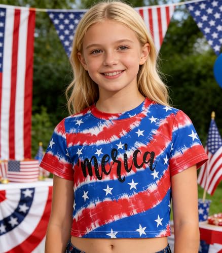 Image of Tkria Girl Crop Tops July 4th Crewneck Tshirt American Flag Patriotic USA Flag Girls Outfit Clothes Size 6-14