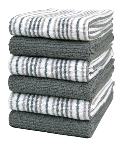 Kitchen Towels 16”x 26” - 6 Pack | Large Cotton Dish Towels | Popcorn Stripe Design | 430 GSM Highly Absorbent with Hanging Loop | Gray