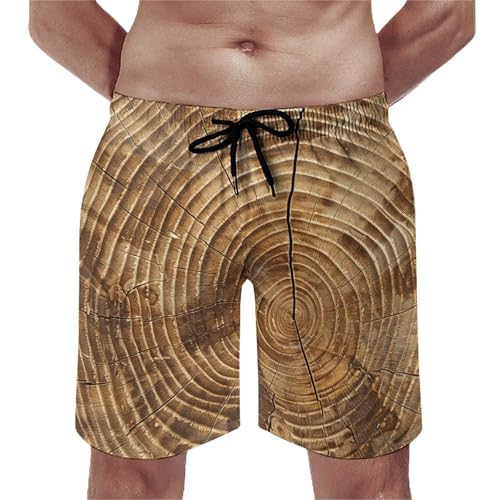Men's Wood Grain Texture Swim Trunks, Quick-Dry Beach Shorts, Bathing Suit with Mesh Lining and Pocket