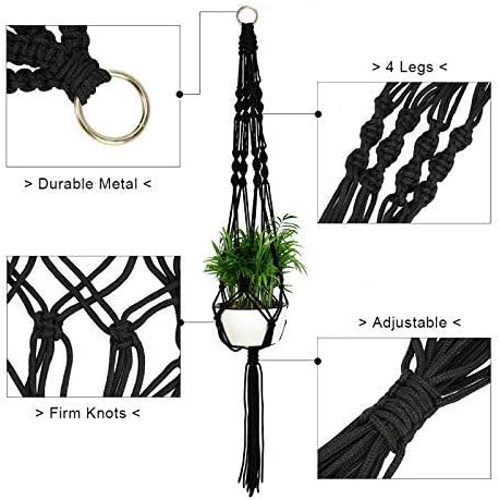 Timoo 2 Pack Plant Hanger Basket, 41 Inches Macrame Flower Pot Hanging Plant Holder Basket for Indoor Outdoor, 4 Legs Nylon Rope with Metal Ring, Black