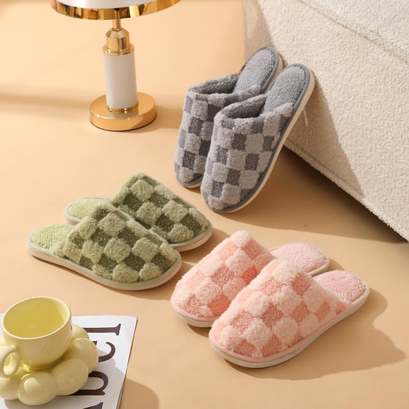 Loizziuy Checkerboard Plush Slippers Winter Warm Cotton Shoes Home Slippers Indoor for Women Furry Shoes Accessories2