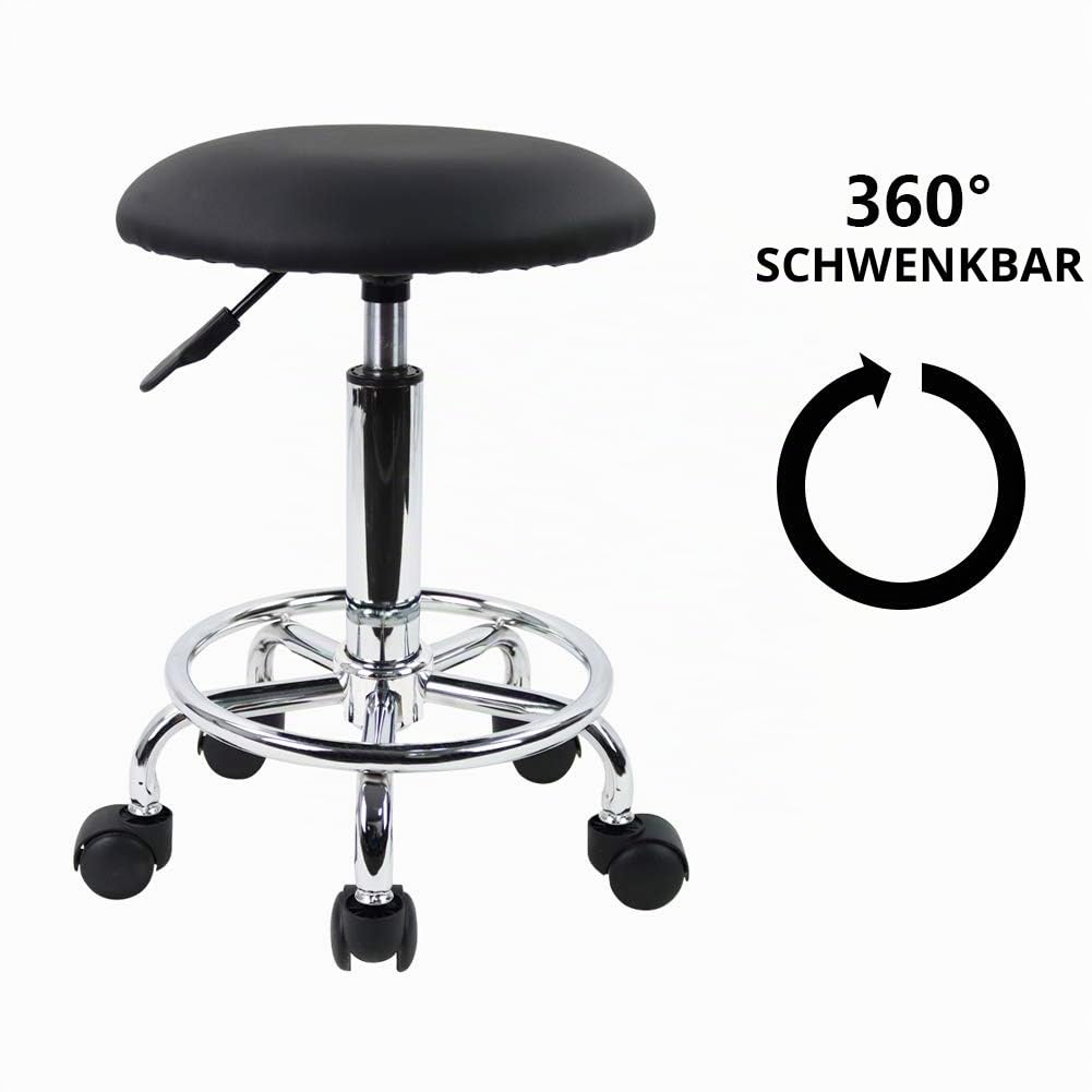 KKTONER Rollhocker Arbeitshocker mit Fußstütze PU Leder Rund Gepolstert 360° drehbar Bürohocker höhenverstellbar 49-64cm Schwarz