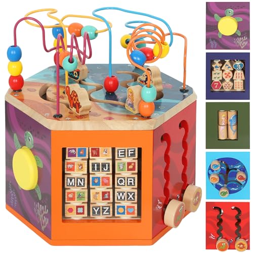 AIYAPLAY Wooden Activity Cube, Montessori Baby Toys with Bead Maze, Pattern Sorter, Early Educational Sensory Toys, Birthday Gift for Toddlers Boys and Girls 18+ Months