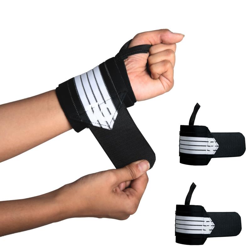 Wonder Care Gym Wrist Supporter Wrist Band for Men Women with Thumb Loop Strap, Velcro Elastic Wrist Wrap Gym Accessories Hand Grip Wrist Support Straps for Gym, Weightlifting (White/Black,1 Pair)-image-49