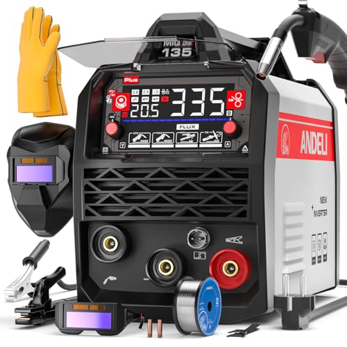 ANDELI 135A 4-in-1 Kompakt Schweißgerät ohne Gas mit Fülldraht & PULSO | 230V Komplett-Set inkl. Helm & Handschuhe | Mit großer LED-Anzeige & Synergie | Für MIG WIG-Lift & E-Hand - sofort startklar