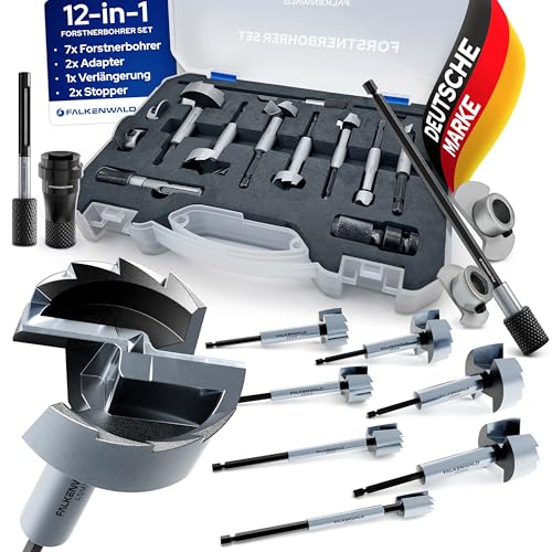 FALKENWALD® Forstnerbohrer Set 10-teilig (Ø 10-40 mm) mit Werkzeugkoffer & Adapter + Erweiterung - Hochpräzise Holzbohrer Topfbohrer - Premium Forstner Bohrersatz für Hart- & Weichholz