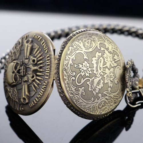 Image of Tiong Vintage Pocket Watch Engraved Cowboy Skull Wolf 3D Pattern Arabic Numerals Quartz Pocket Watch with Chain Best Gifts