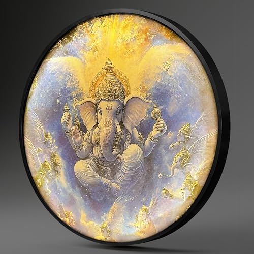 Image of PAINTINGMANTRA Shree Ganesh Ji Night Wall Lamp Painting with mobile Controllable Smart LED Light, Religious Round Wall Art Painting with RGB Night Lamp for Home & Office Wall Decor (18x18 Inches)