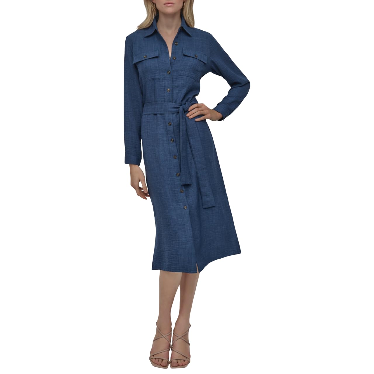 DKNY Long Sleeve Collared Tie Midi Shirtdress Vestito Donna (Pacco da 1)
