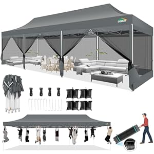 Cobizi 10×30 pop up canopy tent with sidewalls heavy duty easy set up outdoor canopy with mosquito net pop up screen tent for parties screened in canopy with net for backyard with roller bag gray  urban country home decor