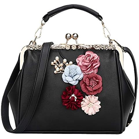 Puyang Women Wedding Minimalist PU Leather Floral Vintage Revival Festival Handbag (Black) Cover