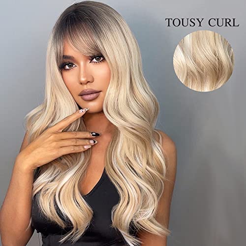 Esmee Long Wavy Ombre Blonde Wigs with Bangs for Women Natural Synthetic Hair Heat Resistant Ombre Wigs with Dark Roots for Daily Party Cosplay Use-24 Inches - Image 3