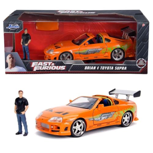 Jada Toys - Fast and Furious Modellauto Toyota Supra & Brian - Auto-Modell 1995 Toyota Supra Mk4 1:24 Orange Mit Brian O'Conner Figur, Fahrzeug Mit Spoiler, Zu Öffnenden Teilen & Abnehmbarem Dach