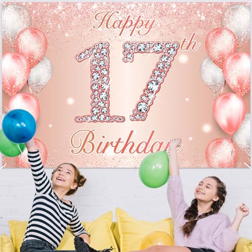 Image of Happy 17th Birthday Rose Gold Banner Cheers to 17 Years Old Backdrop Confetti Balloons Theme Decor for Girls 17 Years Old Pink Birthday Party Decorations Bday Supplies Background Favors Gift Glitter