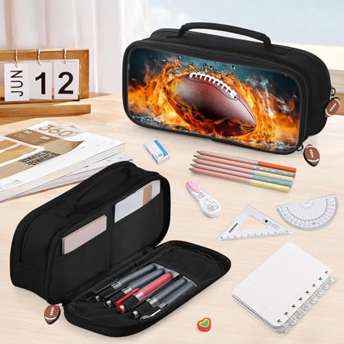 Image of American Football Pencil Case for Boys - Large Pencil Pouch for Boys with Zipper Compartments & Handle - Big Capacity Pen Organizer Box Bag for Kids Teens School Supplies