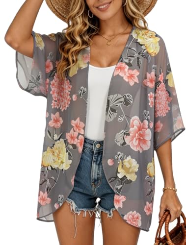 Image of FINOCEANS Womens Floral Chiffon Kimono Cardigans Loose Beach Cover Up Half Sleeve Tops