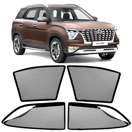 Image of AutoStory Magnetic Car Sunshade for Hyundai Alcazar | Front Half Cut for Mirror Visibility + Rear Full Coverage with Zipper | Heavy Heat & UV Protection | Privacy Side Window Curtains Shades