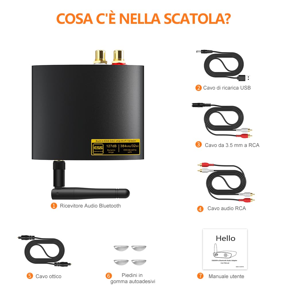 1Mii Ricevitore Bluetooth 5.3 HiFi per Stereo, Adattatore Audio Bluetooth Hi-Res LDAC, aptX HD con ESS DAC Audiophile Uscita Ottica/RCA per Ricevitore AV o Amplificatore- DS200Pro
