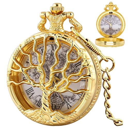 Image of Tiong Pocket Watch Hollow Tree of Life Design Roman Numerals Engraved Bible Verse Quartz Pocket Watch with Chain Custom Pocket Watch Birthday Gifts