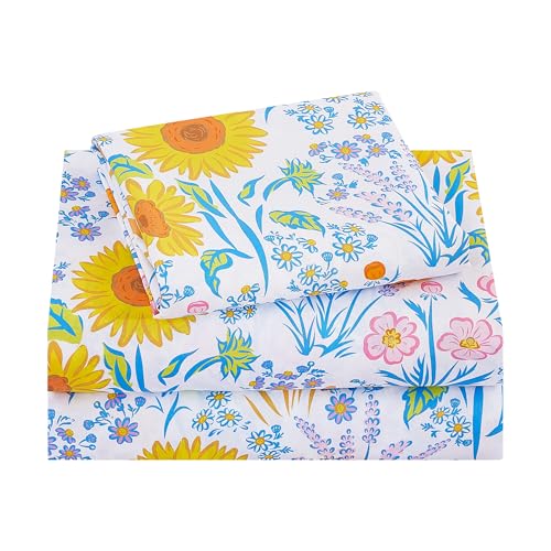 Image of Viviland 3 Pieces Girls Floral Spring Twin Sheet Set - Soft Microfiber Fitted Flat Sheets & Pillowcase Bed Sheet Set - Summer Sunflower Print Bedding Sets for Kids