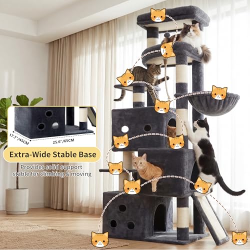 Image of Heybly Cat Tree, 74-Inch Streamlined Cat Tower for Large Cats HCT061G | Cat Furniture with 3-Tier Stacked Condos, Large Perch, Sturdy Base, Full Sisal Scratching Posts & Ramp, Smoky Gray