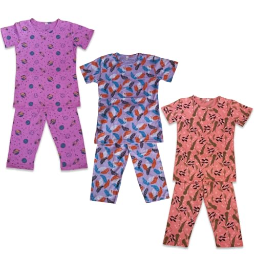 Image of Girls Pure Cotton Casual Round neck regular feet Multi Color Girls night dress Half Sleeve set of 3 pcs