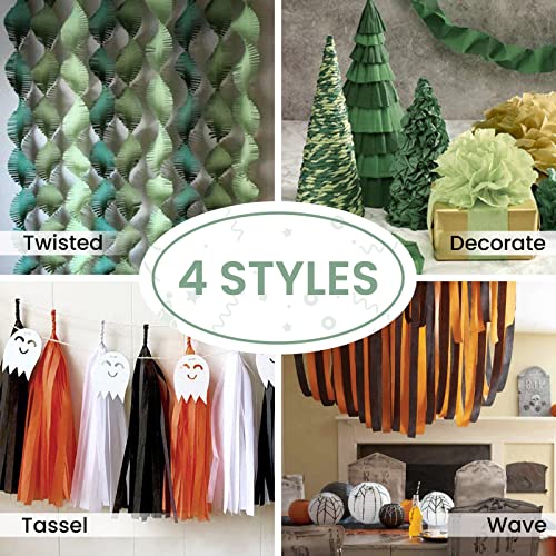 Image of PartyWoo Green and Orange Crepe Paper Streamers 6pcs 492ft Pack of Sage Dark Green Burnt Orange Sand White Crepe Paper Streamers for Birthday Baby Shower Woodland Dinosaur Jungle Party Decorations