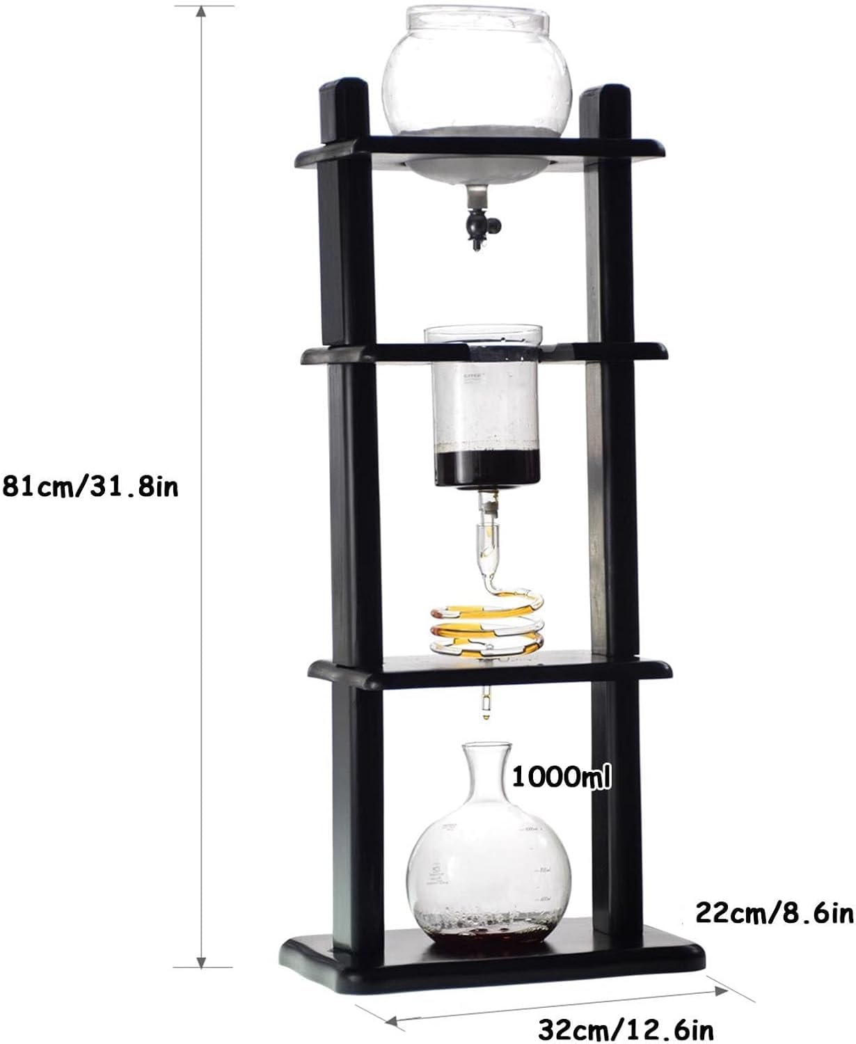 Cafetera De Goteo En Frío, Cafetera Japonesa De Goteo Lento Para Café Frío, Marco Recto De Madera Negra, Gran Capacidad Para 5-8 Tazas, Torre De Café Helado Para El Hogar, Comercios Y Oficinas.
