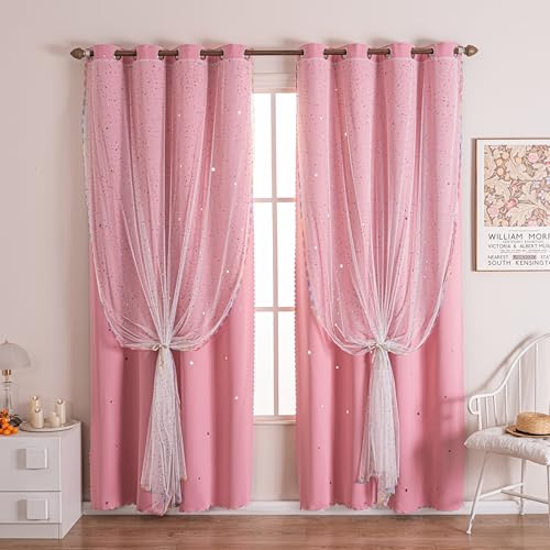 Image of 52x63 2-in-1 Double-Layer Kids & Girls Unicorn Princess Blackout Curtains with Foil Print Sheer, 2 Panels Set - Pure Pink