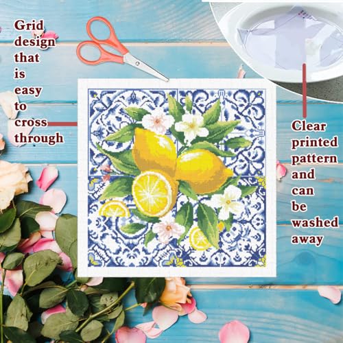 Image of FREEBLOSS 11CT Lemon Stamped Cross Stitch Kits Embroidery Kits with Instruction Cross Stitch Wall Hanging Kit for Needlepoint Adults Wall Art Decoration 18x18in /45x45cm