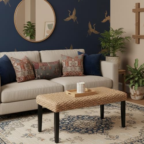 Image of Solid Wood Acacia Indoor Bench with Natural Woven Seat, Boho Bench Entryway, Wood Bench for Living Room, Wooden Bench for Bedroom, Farmhouse Entryway Bench, Dining Benches (Black, Water Hyacinth)