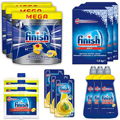 Finish Quantum MAX Lemon SET - BIG Kit - Kit zur Reinigung von Geschirrspülern - Inbegriffen: Spülmaschinentabs, Salz, Klarspüler,